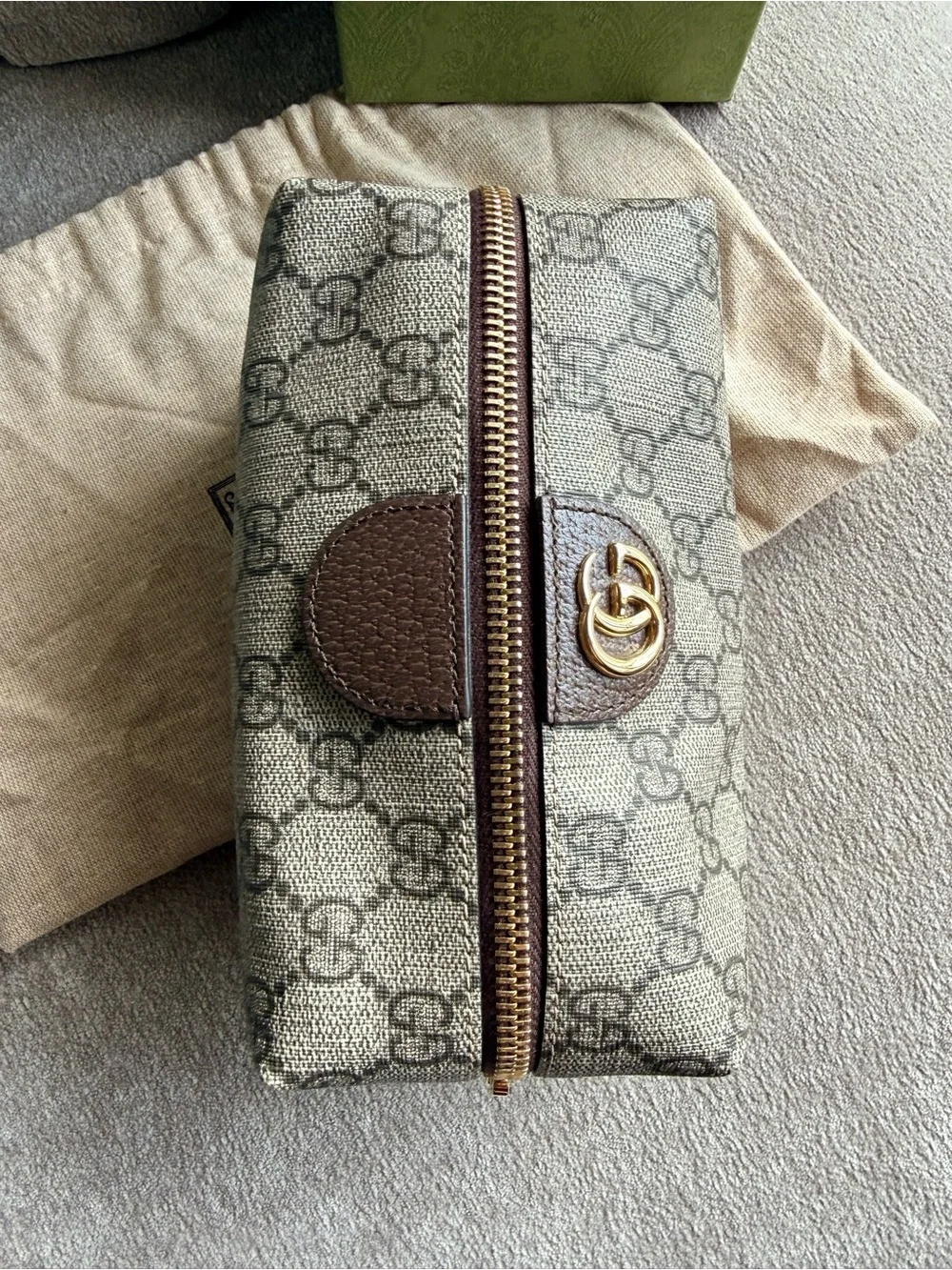 Gucci Beige GG Supreme Canvas Cosmetic Case with Brown Trim and Gold Hardware